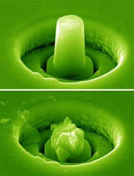 A micropillar carved from nanocrystalline boron carbide ceramic deforms plastically instead of fracturing during compression, owing to a distribution of nanopores.